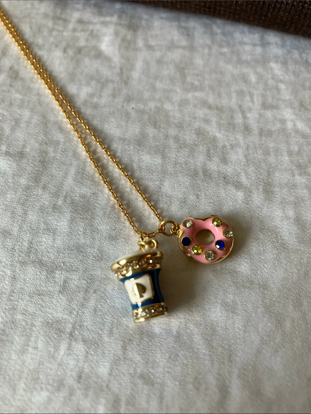 kate spade: Gold Tone Pink donut & coffee cup charm necklace